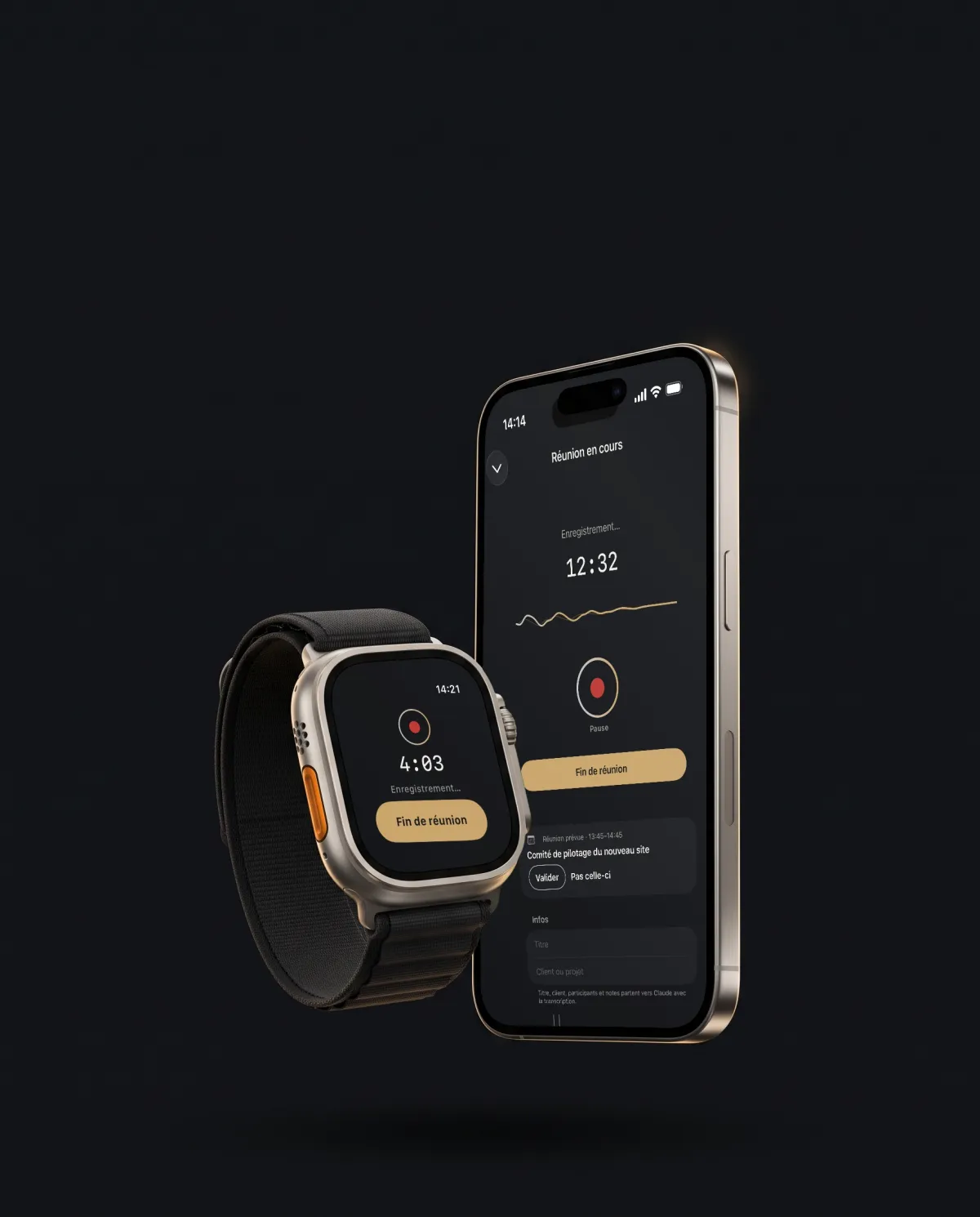 The Apple Watch records the meeting, the iPhone shows the meeting in progress